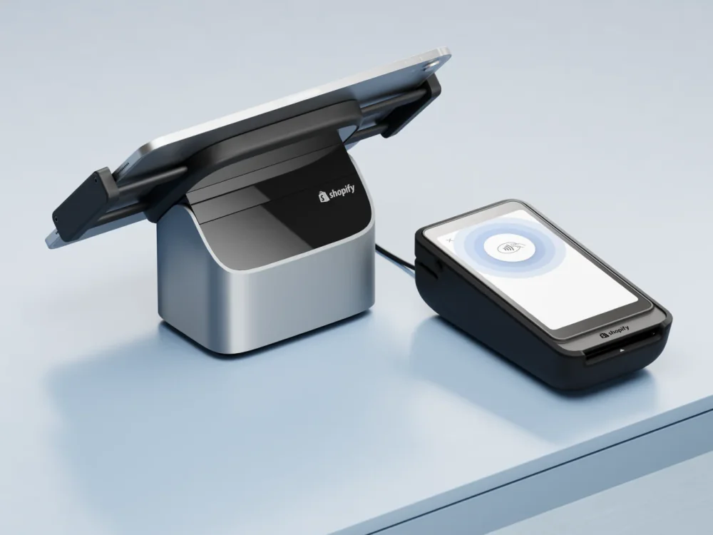 Shopify POS terminal and card reader on the tasting room bar